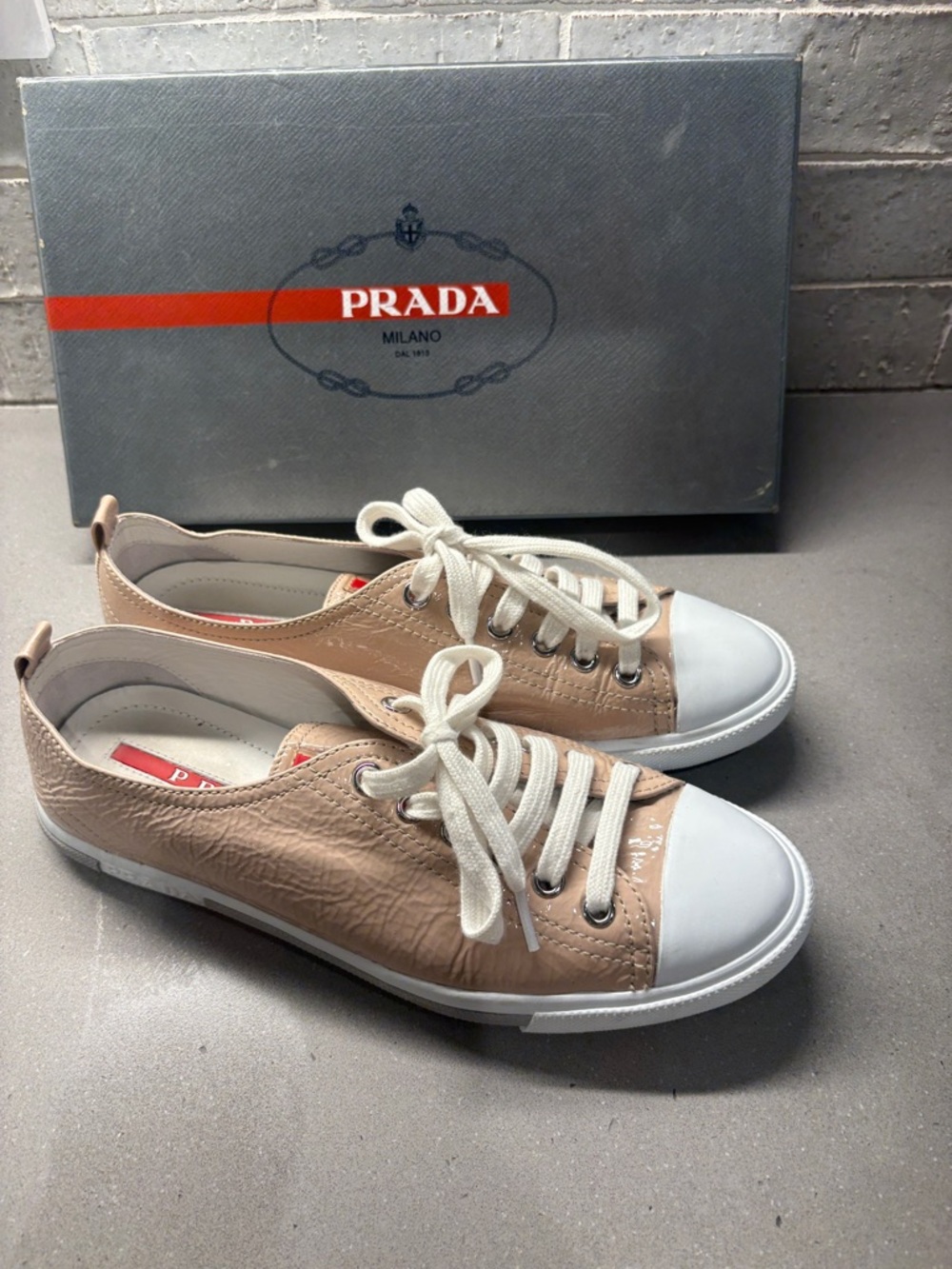 Prada Beige and White Women’s Low-Top Leather Sneakers